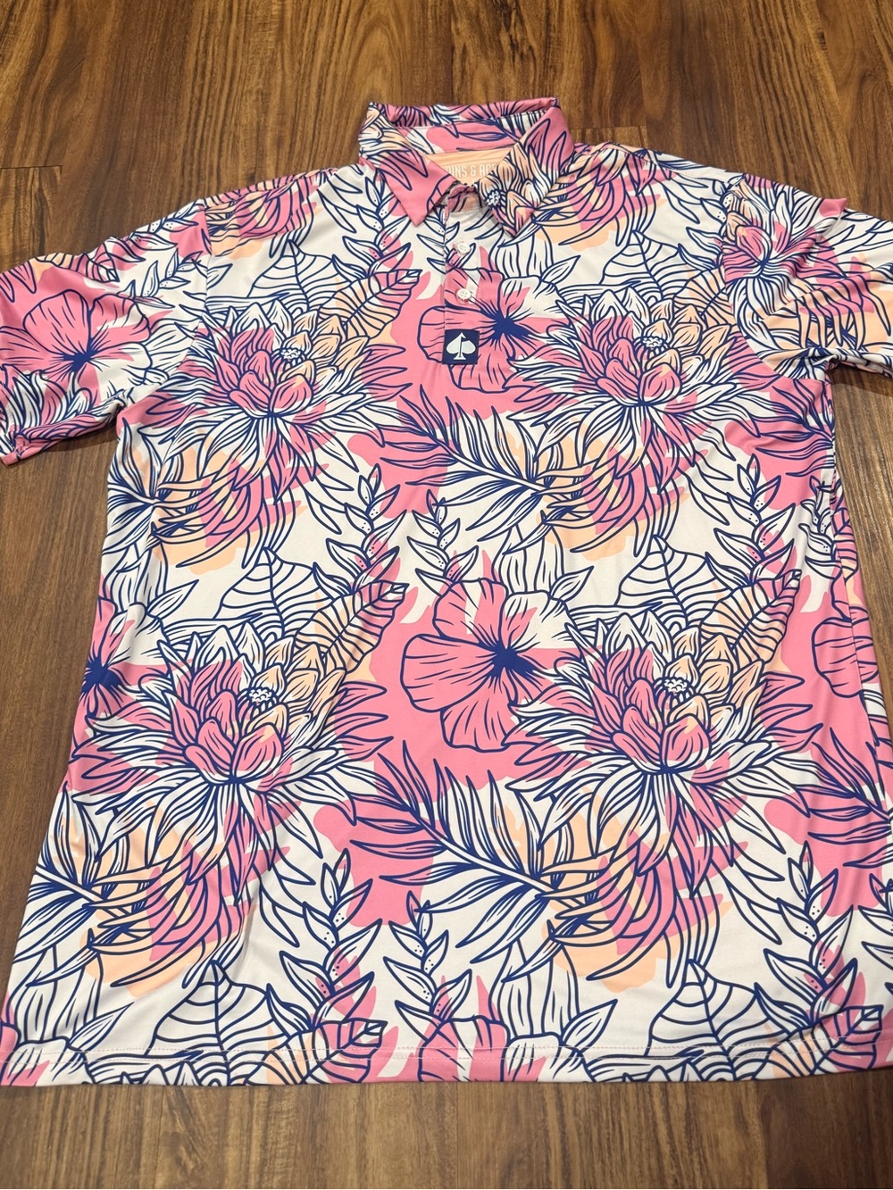 Pins And Aces Golf Shirt Men XL Performance Hibiscus Floral All Over Print Pink